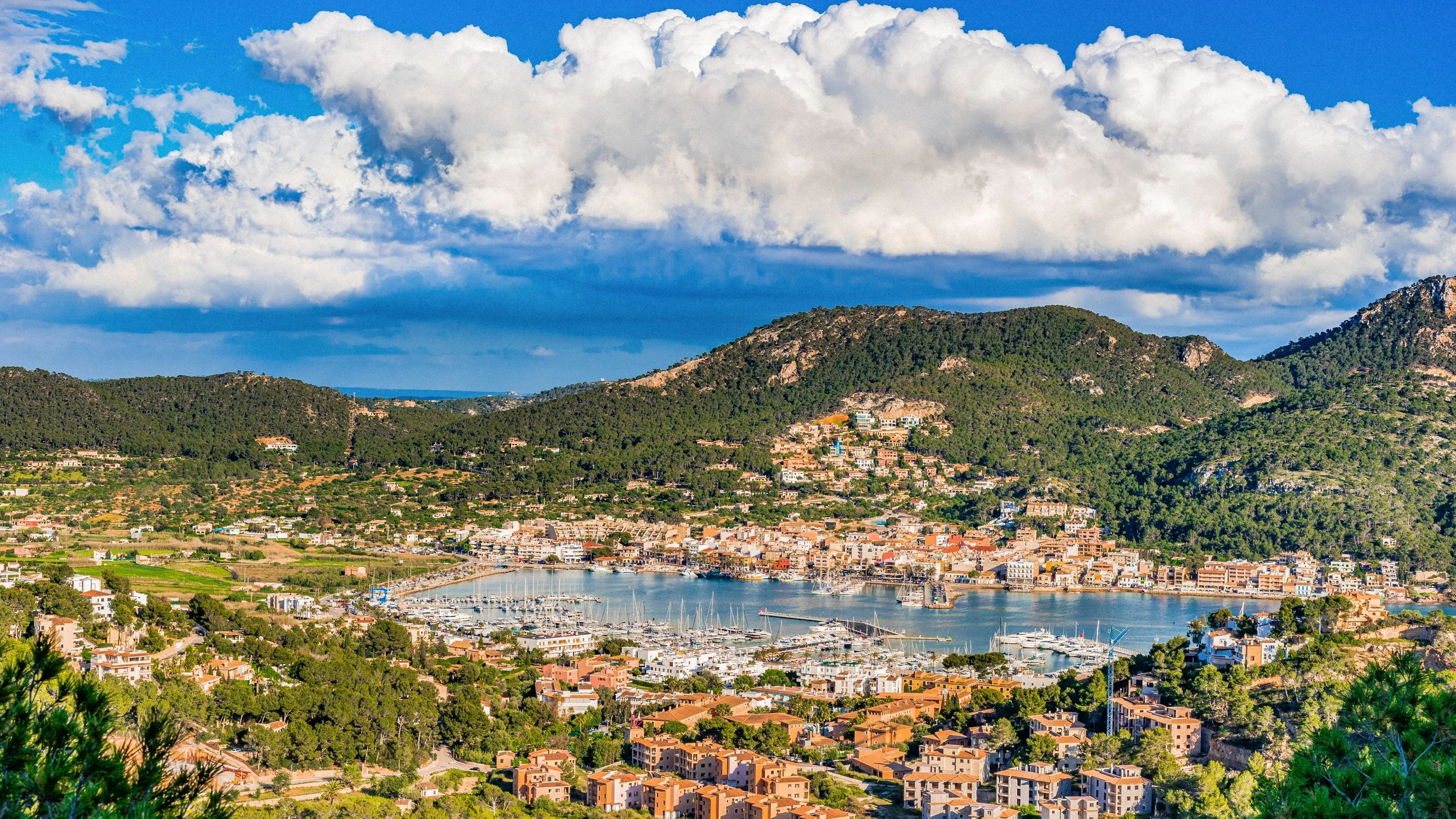 Vista panorámica de un puerto con numerosos barcos y yates, rodeado de una ciudad con casas y edificios, con colinas verdes y un cielo con nubes blancas en un día soleado.