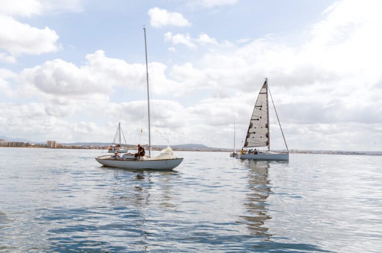Dos barcos de vela navegando en un cuerpo de agua con cielo nublado y ciudad al fondo.
