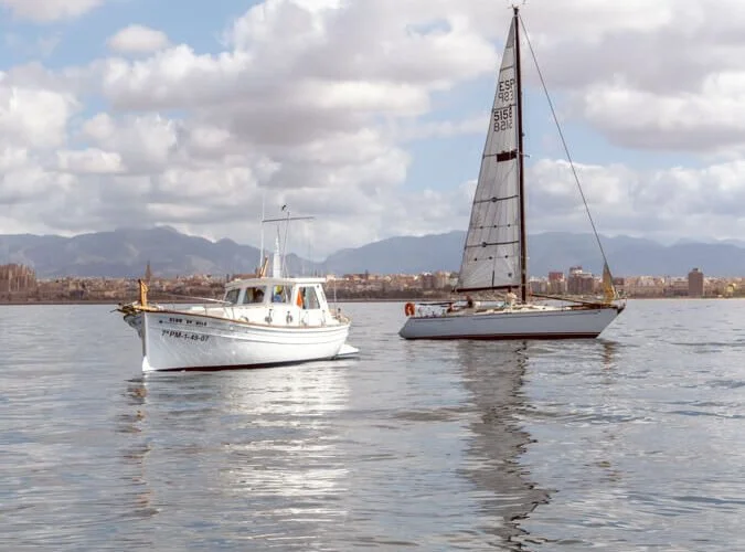 Dos barcos en el agua, uno a motor y otro de vela, con ciudad y montañas al fondo bajo cielo nublado.