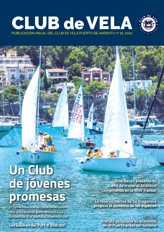 Portada de publicación del Club de Vela con niños navegando en pequeñas embarcaciones con velas en un lago, con casas y árboles al fondo.