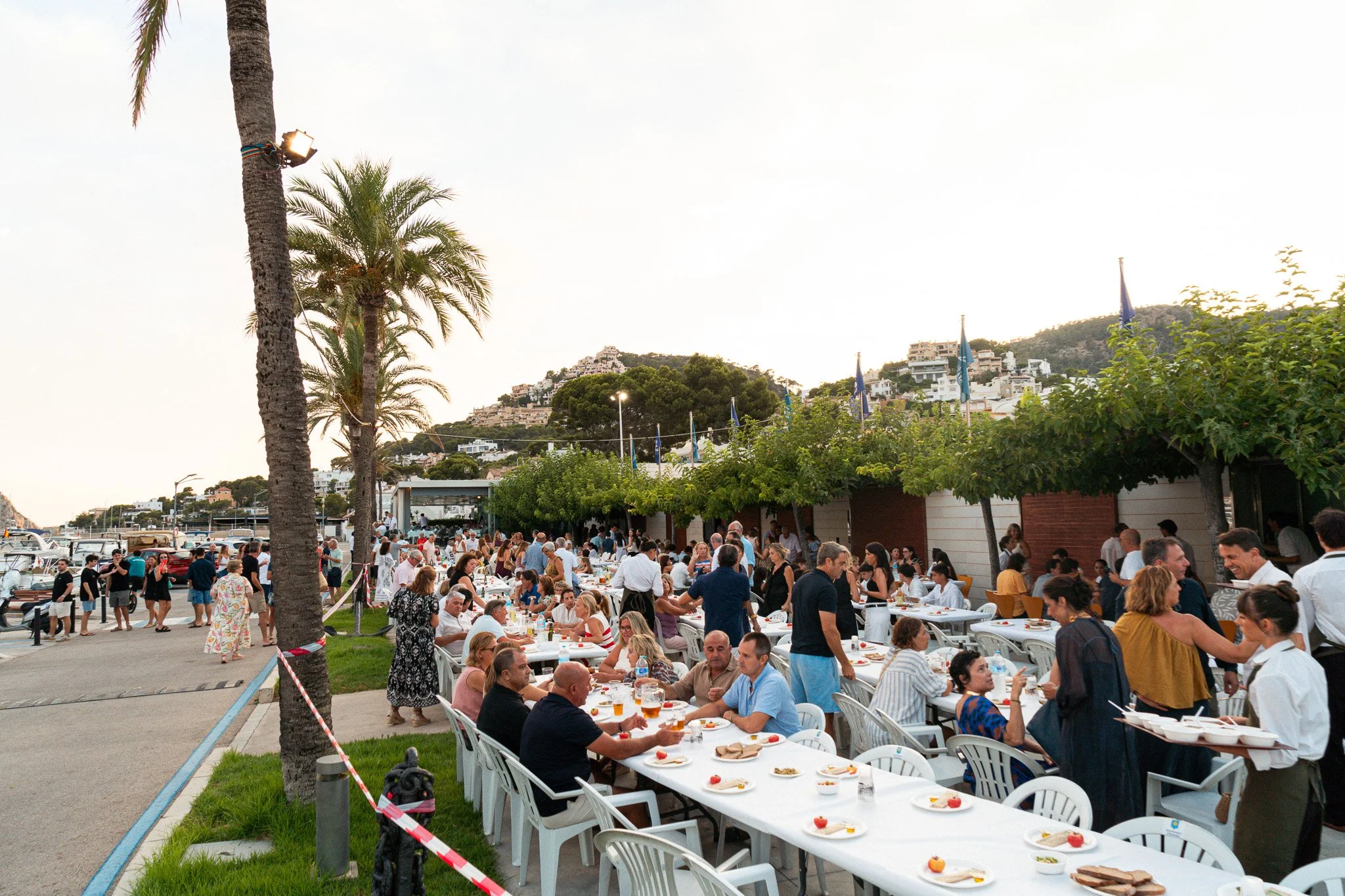 Una reunión social al aire libre con muchas personas sentadas en mesas blancas, disfrutando de comida y bebida, en un entorno con palmeras y árboles, con una colina con casas blancas al fondo