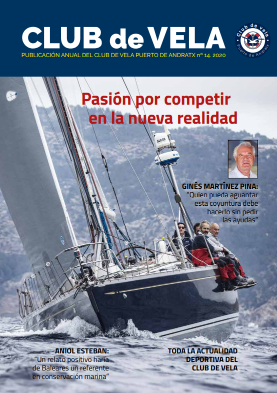 Portada del boletín anual del Club de Vela de Puerto de Andratx con fotografía de un velero en el mar y varias personas a bordo, con textos destacados y la imagen del presidente Ginés Martínez Pina.
