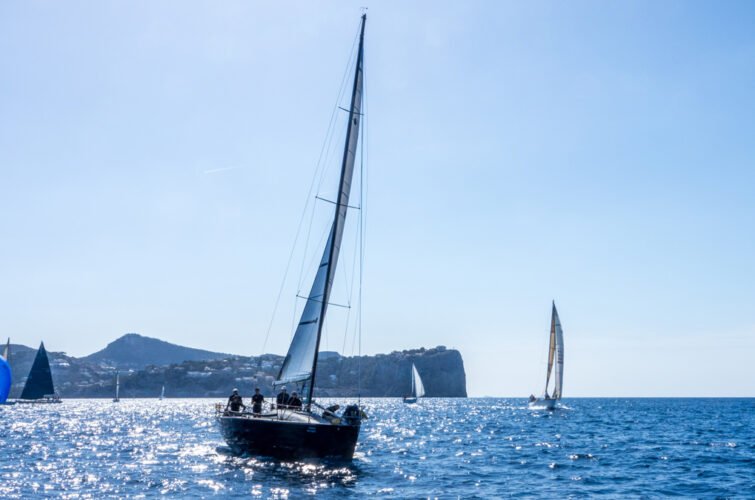 Veleros navegando en el mar con fondo de montañas y cielo despejado.