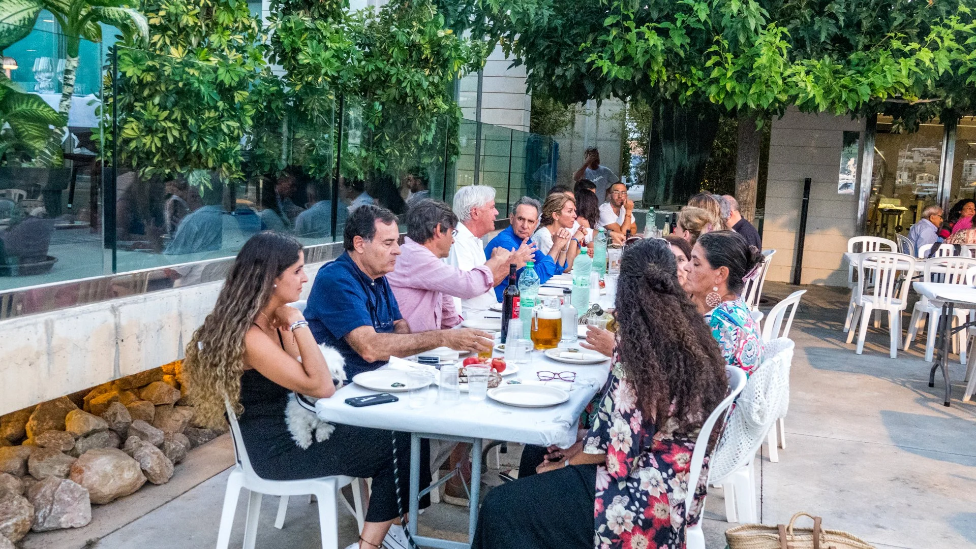 Cena al aire libre en un restaurante con varias personas sentadas en una mesa larga, comiendo y bebiendo, rodeadas de árboles y plantas.