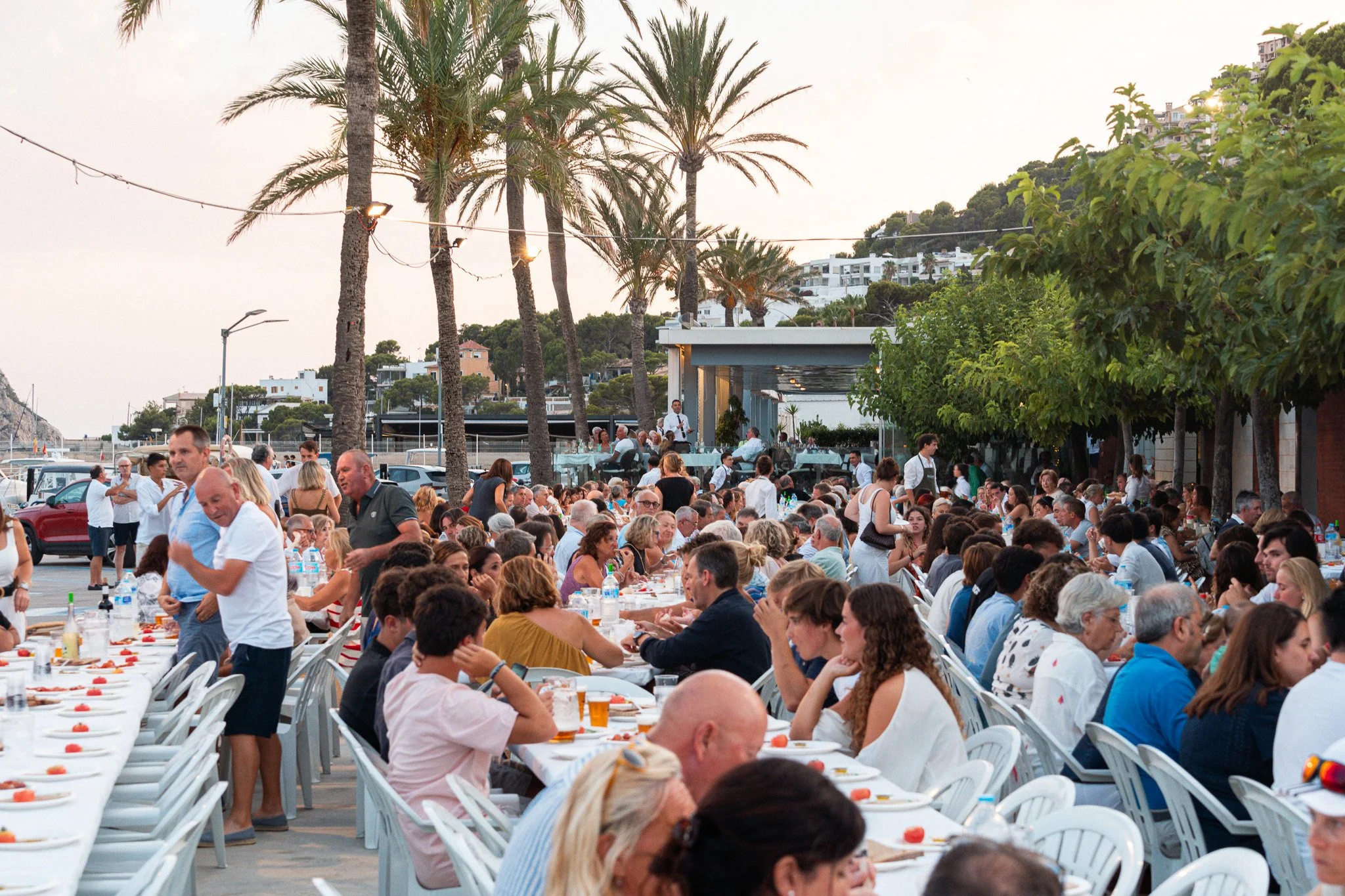 Una gran reunión al aire libre con muchas personas sentadas en mesas largas, disfrutando de comida y bebidas, en un ambiente con palmeras y un ambiente festivo en la tarde.