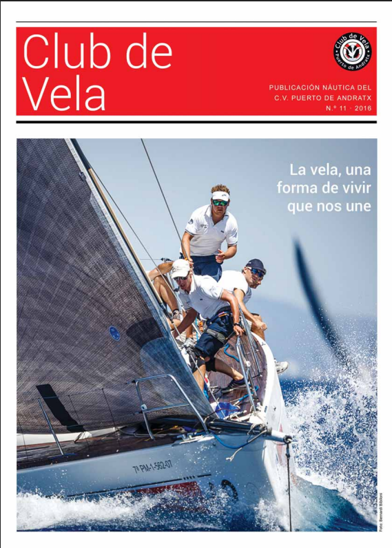Portada de revista de vela con miembros de un equipo en un yate, navegando en el mar, con texto que dice 'La vela, una forma de vivir que nos une'.