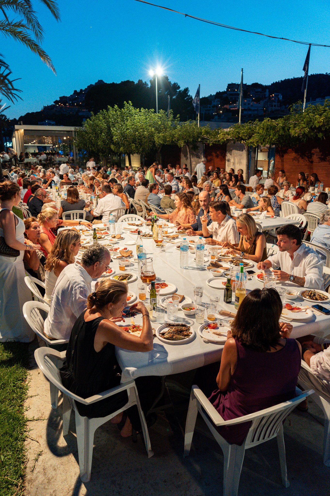 Una gran cena al aire libre con muchas personas sentadas en mesas, comiendo y charlando durante la noche, en un lugar con árboles y colinas en el fondo.