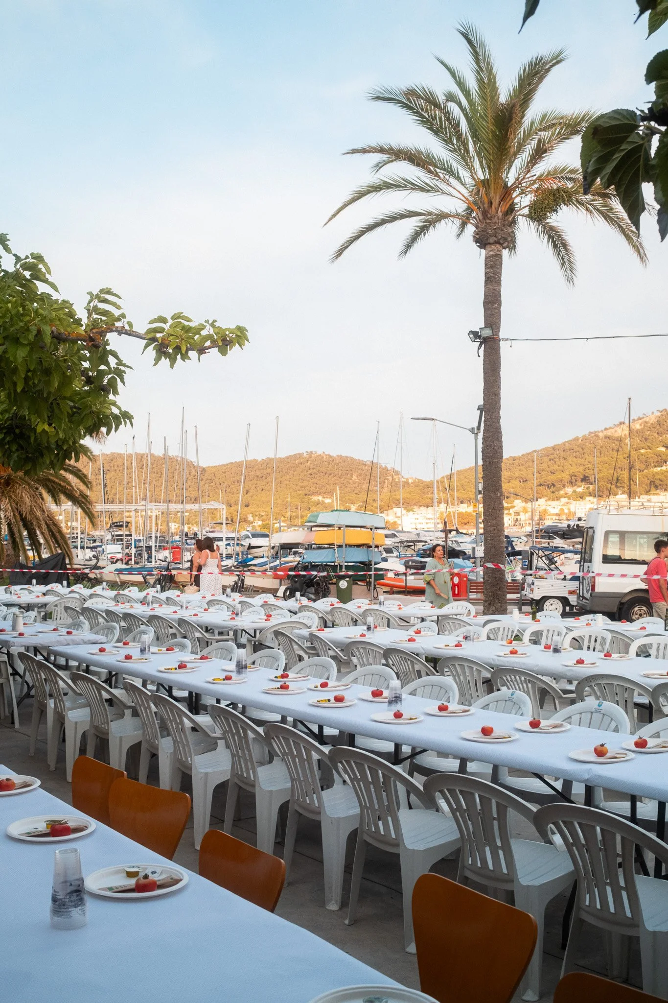 Mesas preparadas para un evento al aire libre en un puerto, con platos de comida y vasos de plástico, y un fondo de palmeras y embarcaderos.