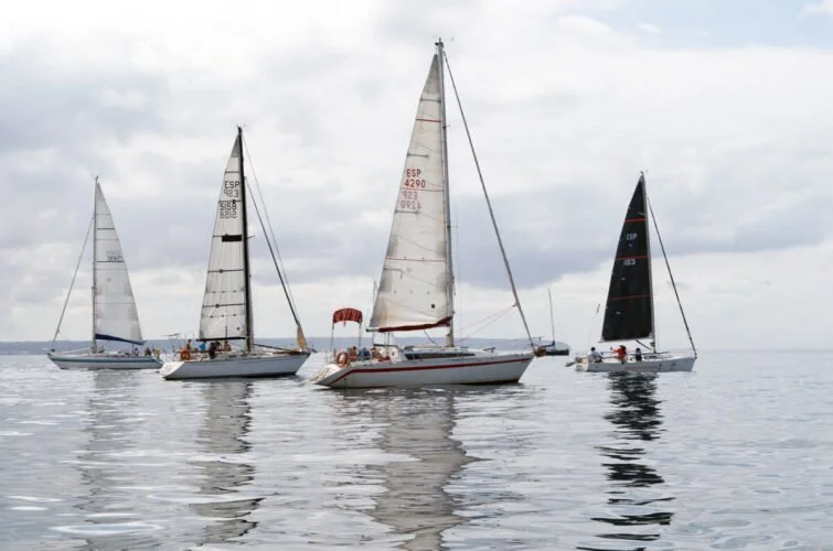 Cuatro veleros navegando en el mar bajo un cielo nublado