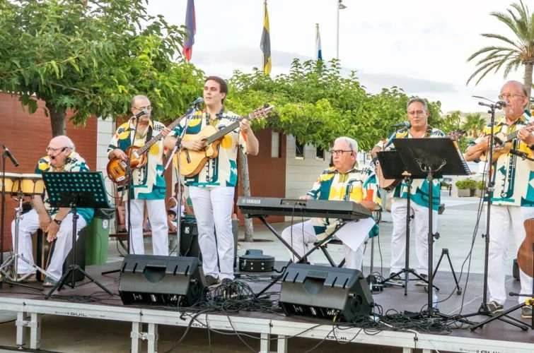 Un grupo de músicos tocando en un escenario al aire libre, con instrumentos como guitarras, teclado y percusión, ambientado en un día soleado con árboles y banderas en el fondo.