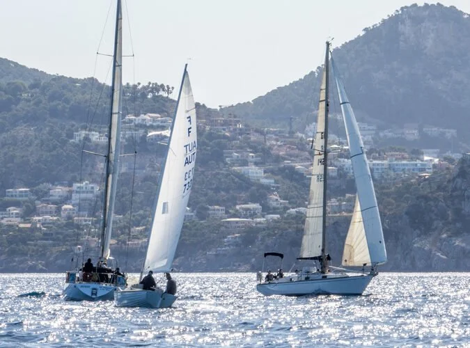 Dos veleros navegando en mar con colinas y casas al fondo.