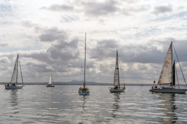 Varias embarcaciones de vela navegando en aguas tranquilas con cielo nublado.
