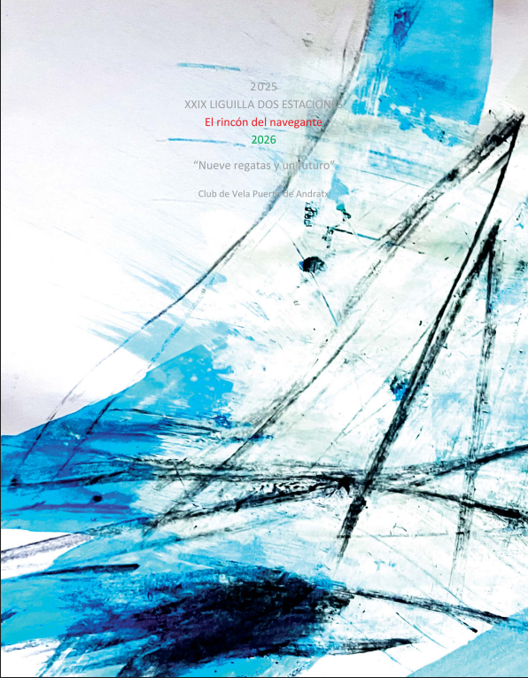 Cartel con texto en español y fondo de pintura abstracta en tonos azules y blanco.