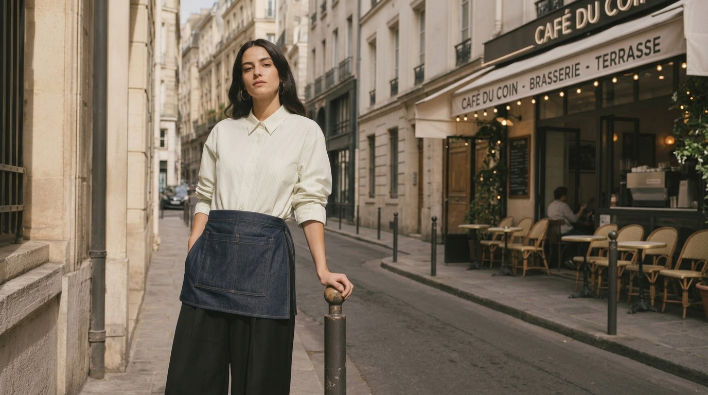 Une femme debout sur un trottoir parisien, portant une chemise blanche et une jupe en jean, à côté d'une table de café.