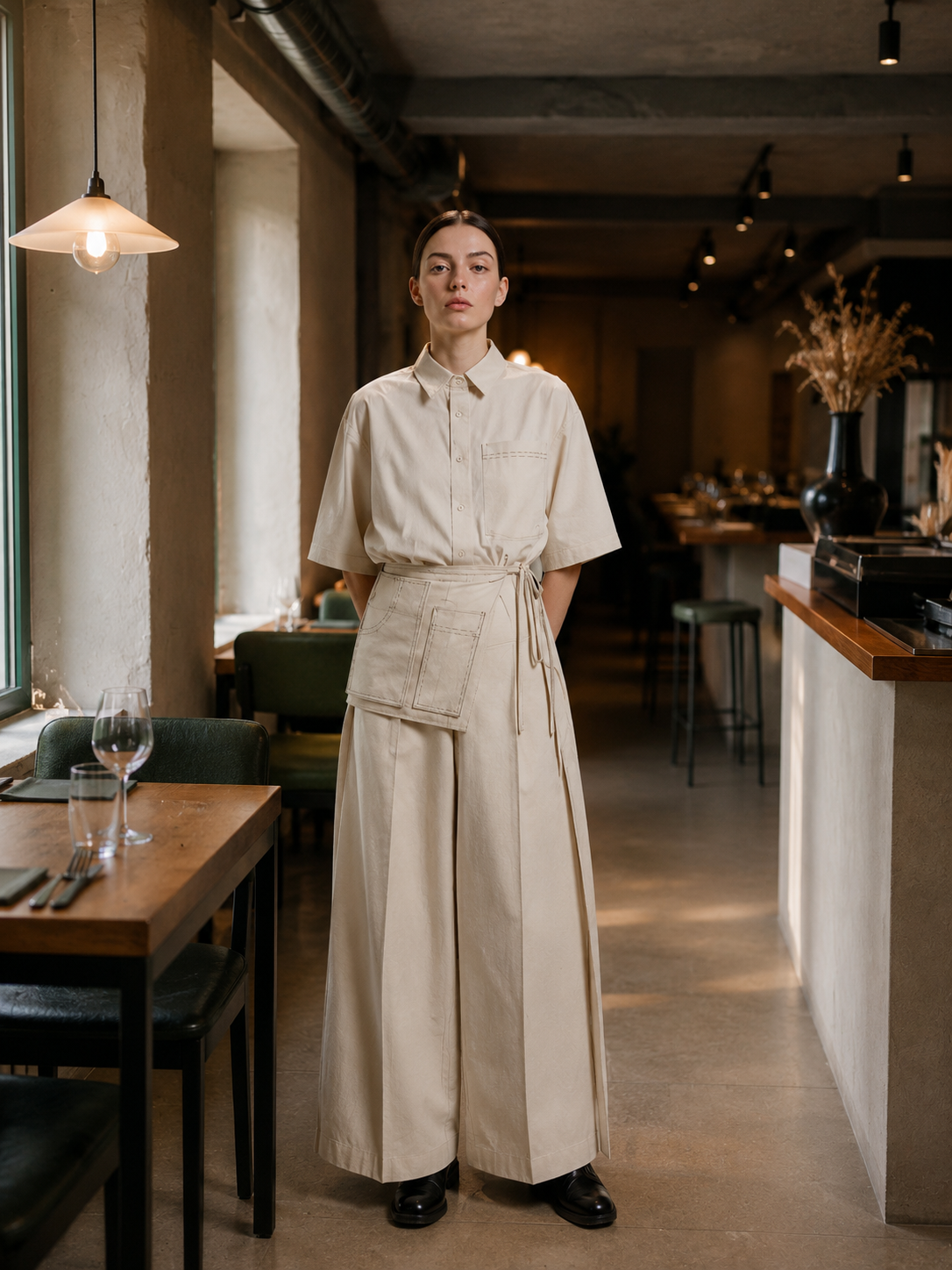 Femme debout dans un restaurant, portant une chemise beige et un pantalon ample beige, avec une cuisine moderne en arrière-plan.