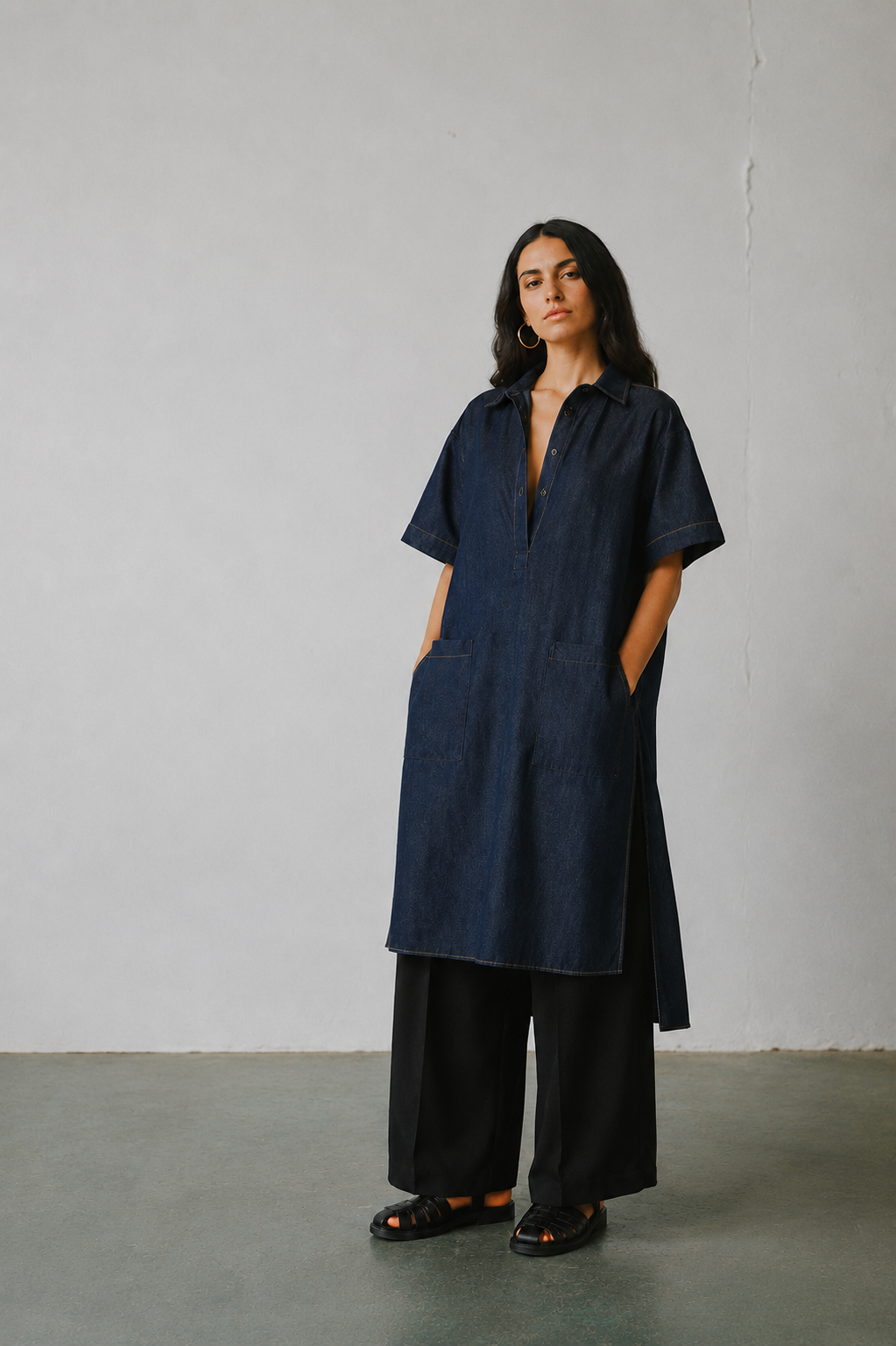 Femme portant une robe en jean longue, noire, et des sandales noires, posant contre un mur blanc.