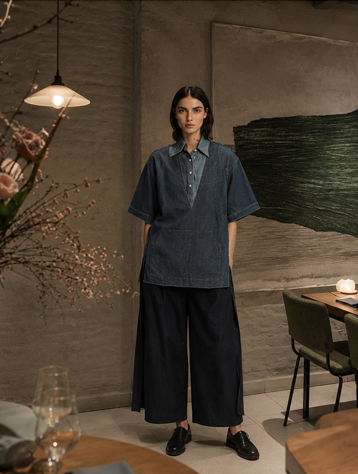Une femme debout dans une pièce, portant une tenue décontractée en denim, avec un mur en texture de pierre, une peinture abstraite et une lampe suspendue en arrière-plan.