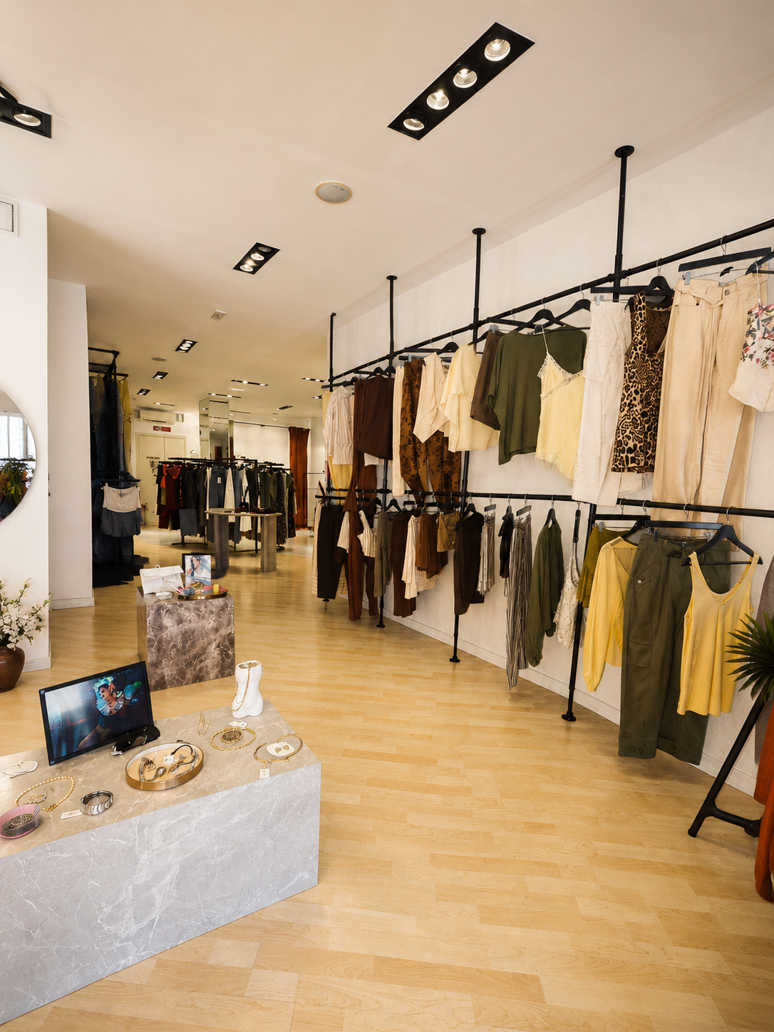 Interno di un negozio di moda con capi di abbigliamento sulle griglie e un bancone con accessori e gioielli.