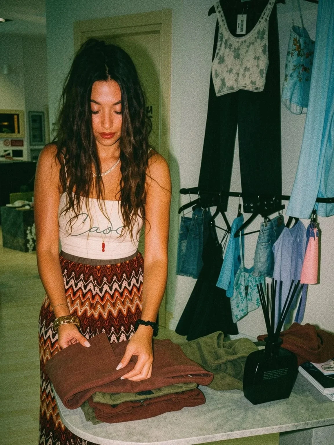 Una donna con capelli lunghi e ricci, vestita con una top beige e una gonna con un motivo zigzag colorato, sta sistemando dei vestiti su un tavolo. Sullo sfondo ci sono vestiti appesi e uno scaffale con altri capi di abbigliamento.