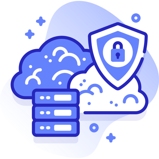 Illustration of cloud computing with a shield and lock symbol representing cloud security, alongside a server rack.