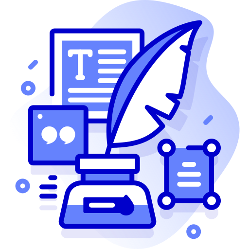 Digital illustration of a writing quill, paper, quote bubble, and text document, representing writing or creative content.