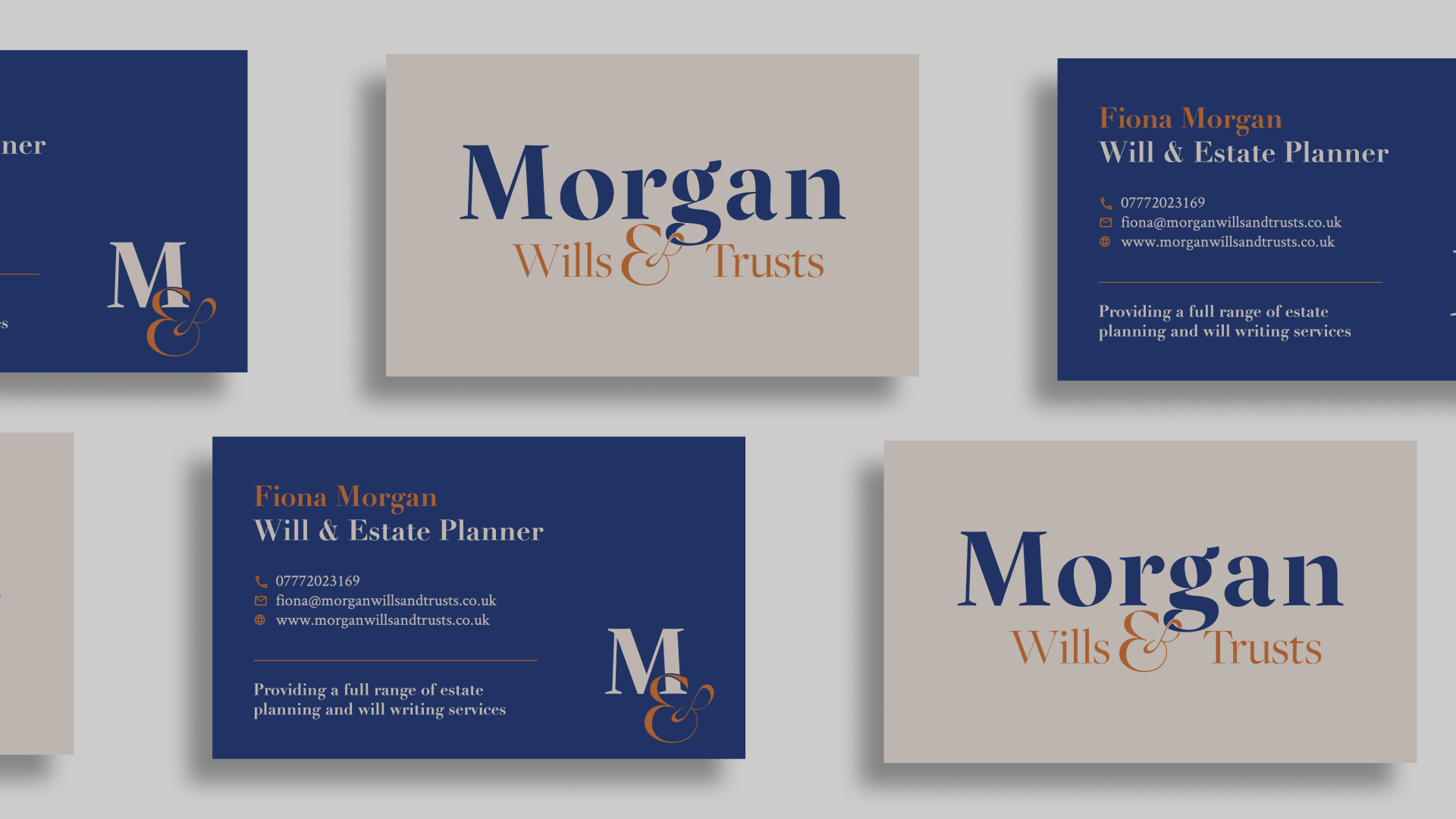 Business cards for Morgan Wills & Trusts, a Will and estate planning service. The cards feature the company logo with the name 'Morgan' in large blue text and 'Wills & Trusts' in smaller orange text. Additional details include the name Fiona Morgan, a Will & Estate Planner, along with contact information such as phone number, email, and website, on a dark blue background.