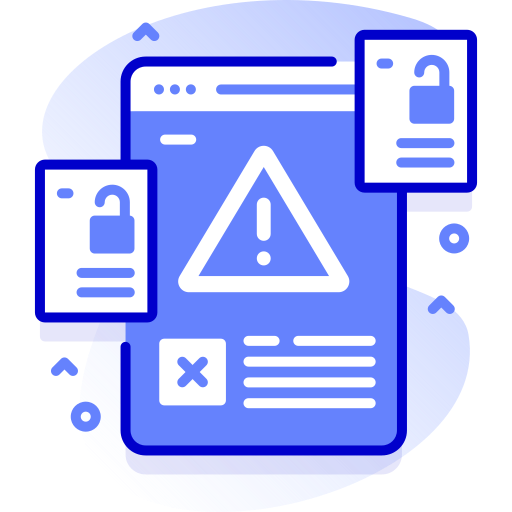 Digital warning alert with exclamation mark on a computer screen surrounded by error messages.