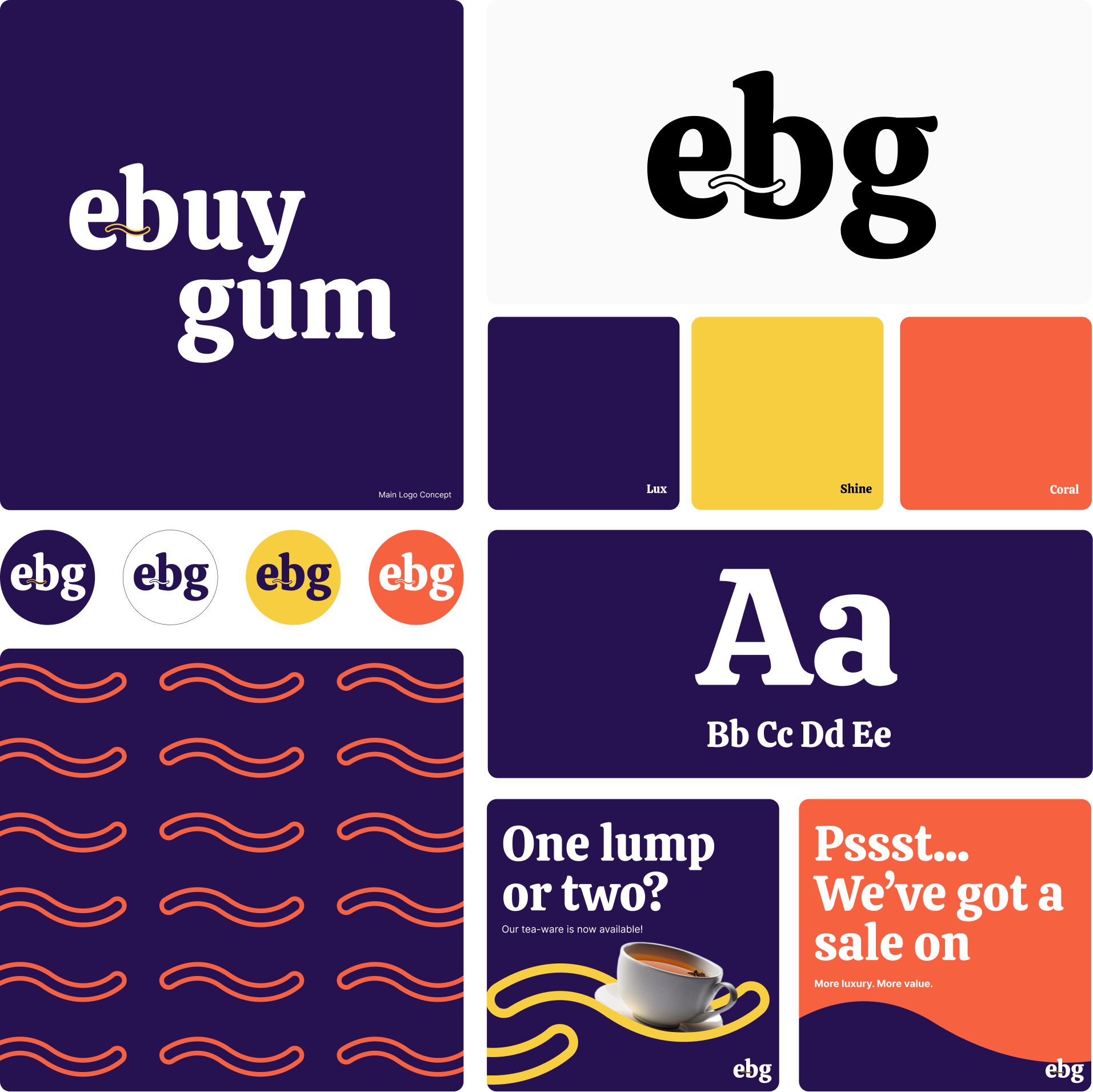 A collage of colorful advertising posters and graphics with various text, logos of EBG, and images of steaming coffee cups, abstract wavy lines, and promotional messages.