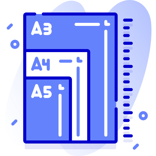 Illustration of three size suitcases, labeled A3, A4, and A5, stacked with A3 being the largest and A5 the smallest, against a blue abstract background.