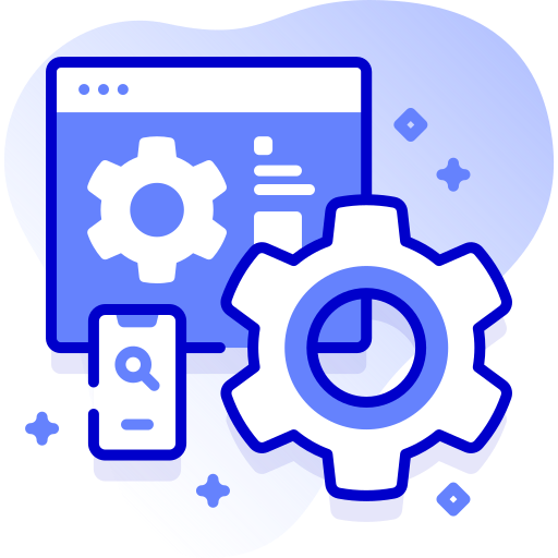 Illustration of a gear and a smartphone with a gear icon, representing settings or configuration, on a blue background.
