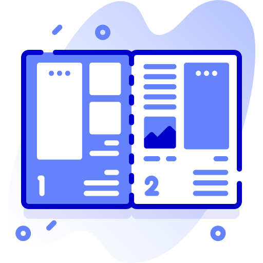 An open magazine or brochure with various blocks of text and images, illustrated in shades of blue.