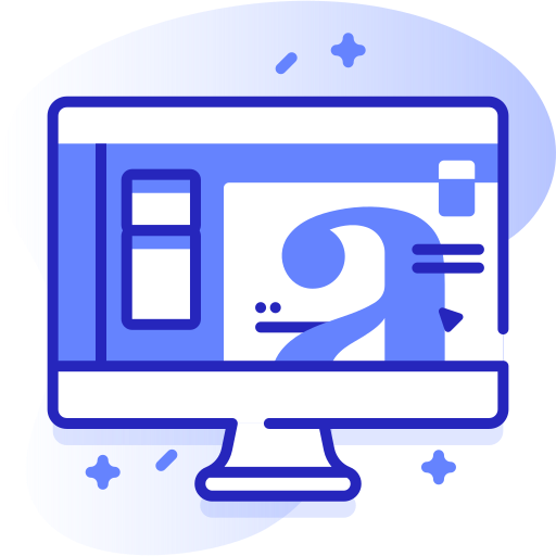 Digital illustration of a computer monitor displaying a webpage or app interface with various blocks and icons, in shades of blue and purple.