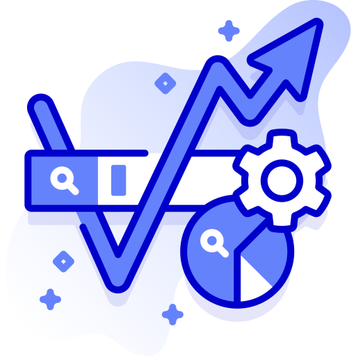 A digital illustration of a rising graph arrow, gear, search bar, and pie chart, symbolizing growth and analytics.