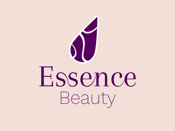 Essence Beauty logo with a purple abstract shape above the text 'Essence Beauty' on a light pink background.