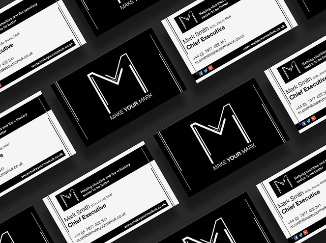 Business cards for Mark Smith, Chief Executive, with a black and white design and the slogan 'MAKE YOUR MARK'