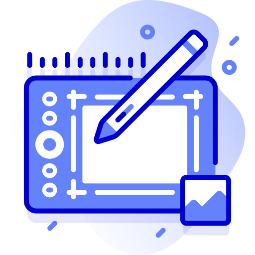 Digital illustration of a graphics tablet with a stylus, ruler, and design tools, symbolizing graphic design or digital art creation.