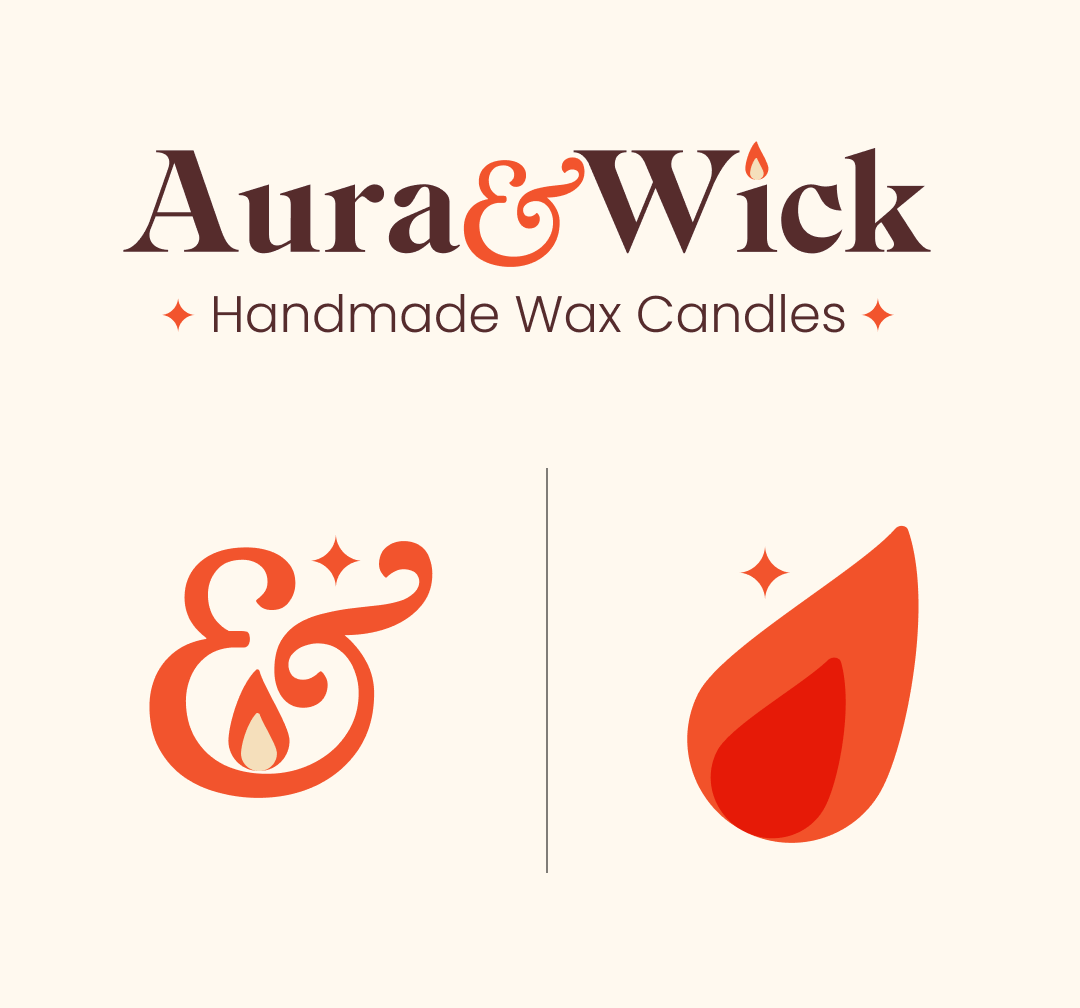 Logo for Aura & Wick Handmade Wax Candles featuring stylized icons of a candle and a wax drop in orange and red, with text in a stylish font.