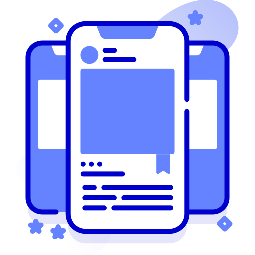 Illustration of three smartphones displaying social media posts in blue tones.
