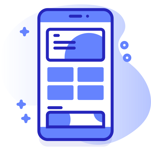 Line drawing of a smartphone displaying a web page or app interface with icons and text boxes.