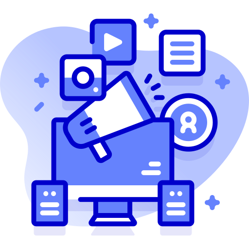 Digital illustration of a computer monitor surrounded by icons of a video, a document, a user profile, and a mobile device, representing social media and online content creation.
