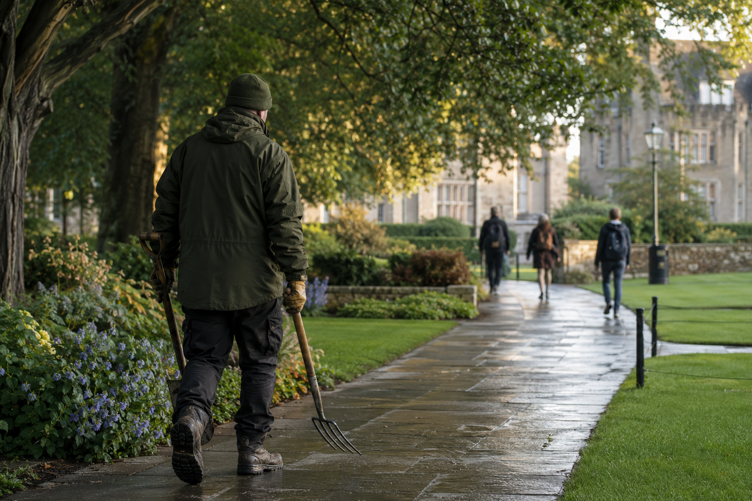 A man with gardening tools walks on a wet sidewalk in a park, with four people carrying backpacks walking away in the background near a large stone building.