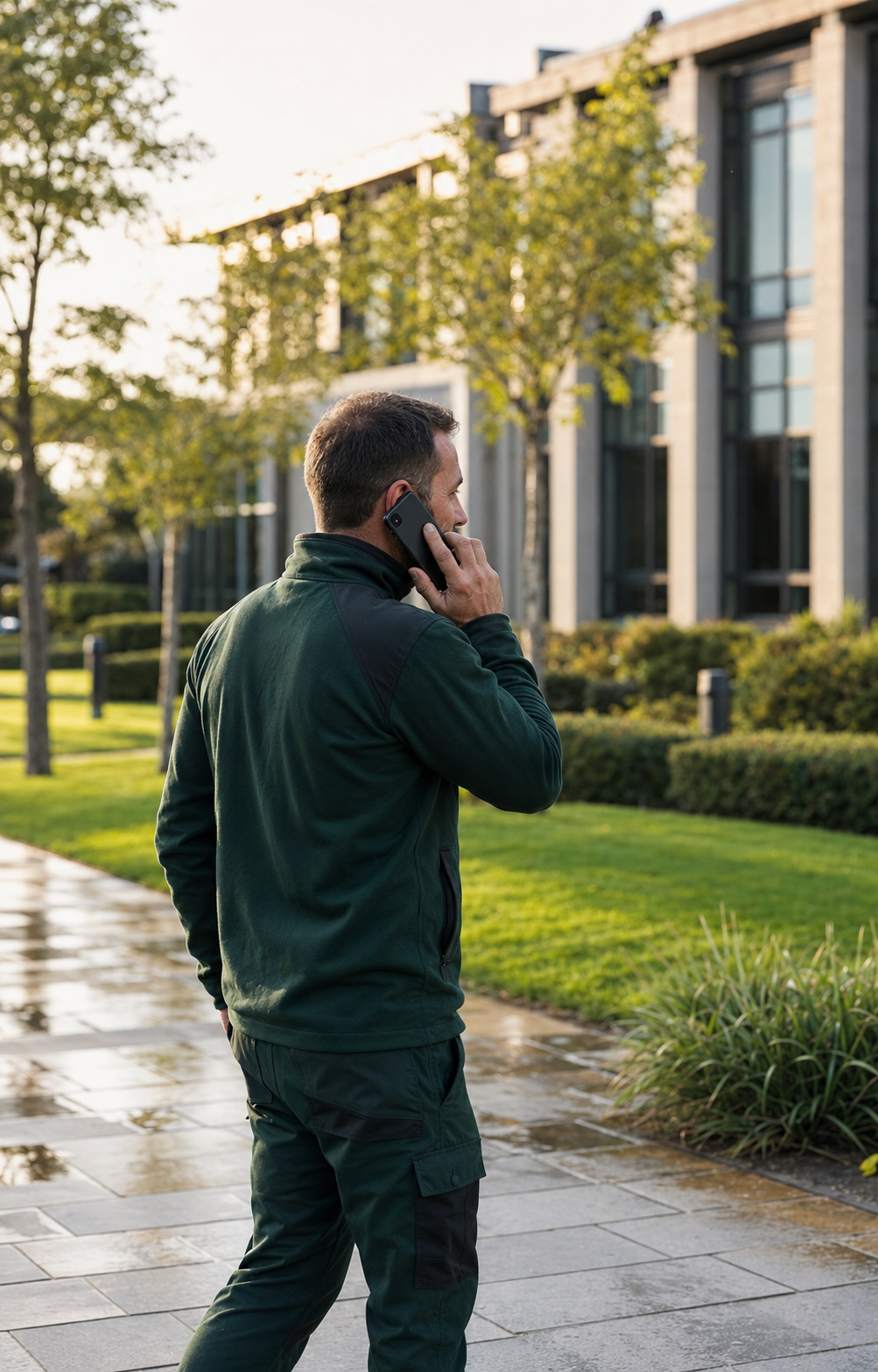 A man walking outdoors on a smartphone call in a park-like setting with trees, modern buildings, and a cloudy sky.