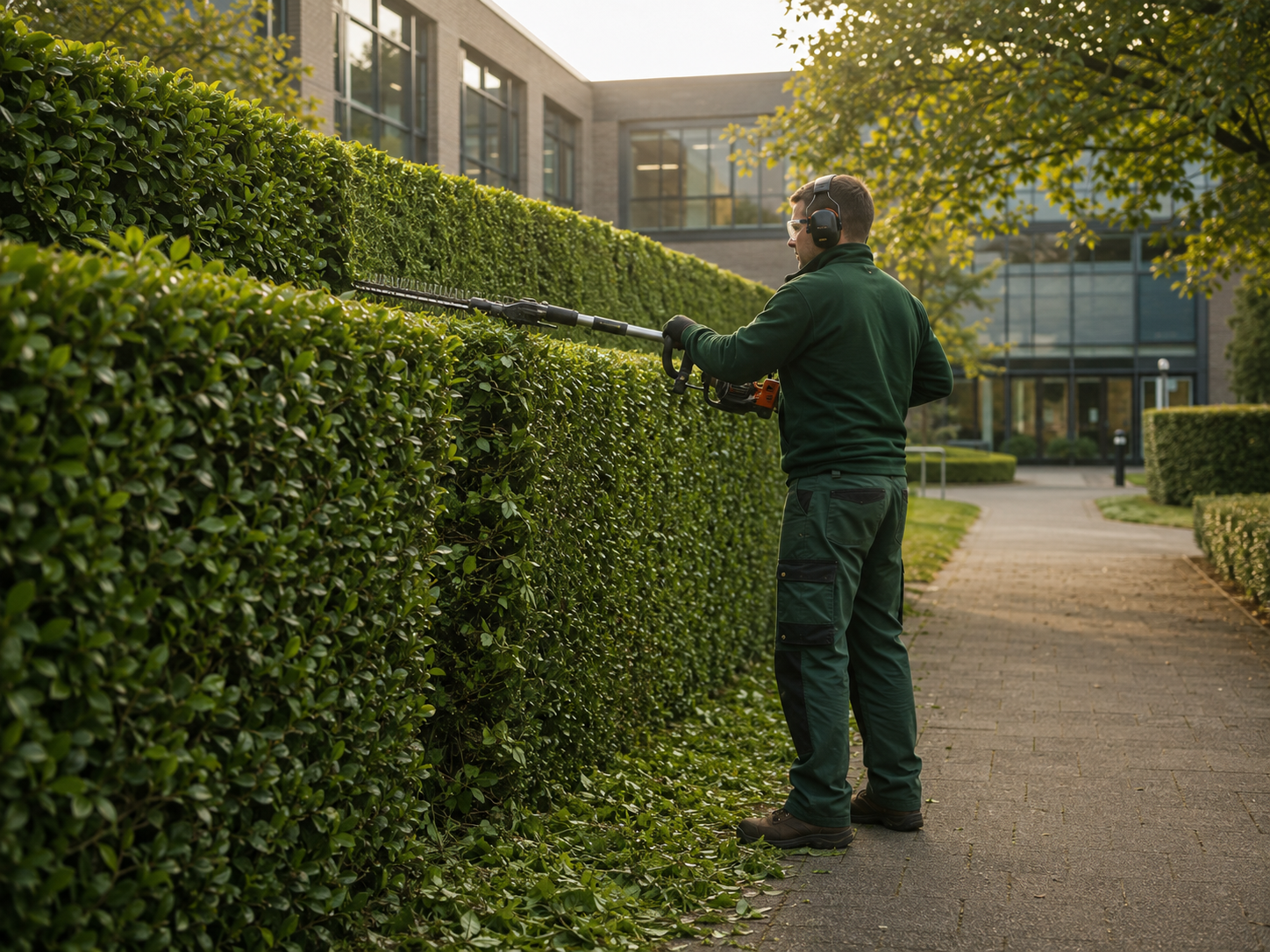 A man trimming a hedge with a leaf blower in an urban area with modern buildings in the background during daytime.