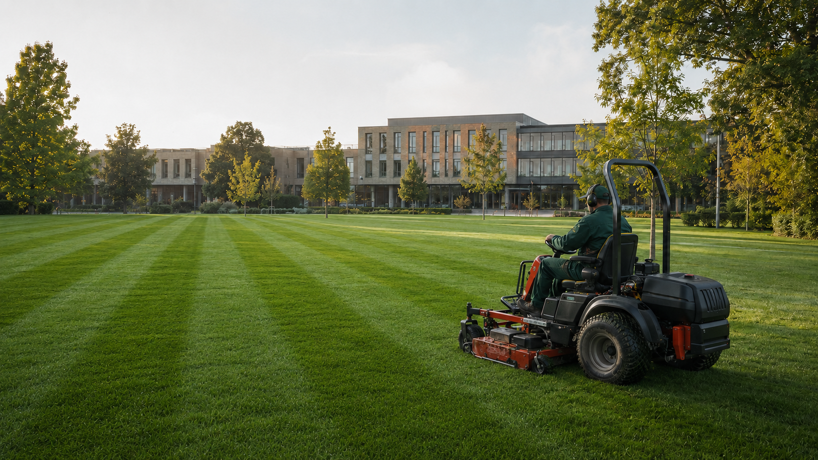 A person operating a ride-on lawn mower on a well-maintained green lawn with a modern building and trees in the background.