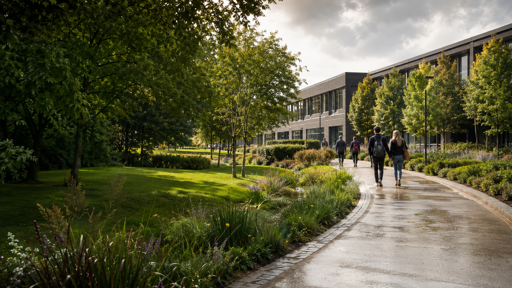 People walking on a wet sidewalk outside a modern building surrounded by green trees and landscaped gardens.