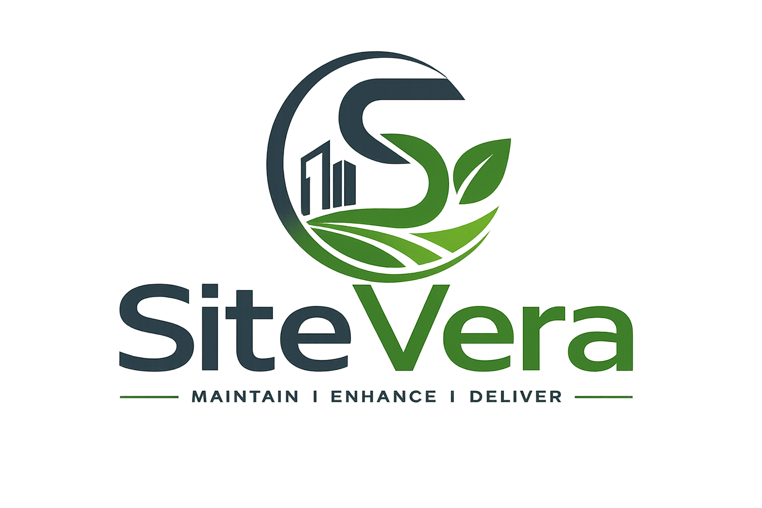 Logo of SiteVera with a circular icon featuring a building and leaves, the text 'SiteVera' in gray and green, and the tagline 'Maintain | Enhance | Deliver' underneath.