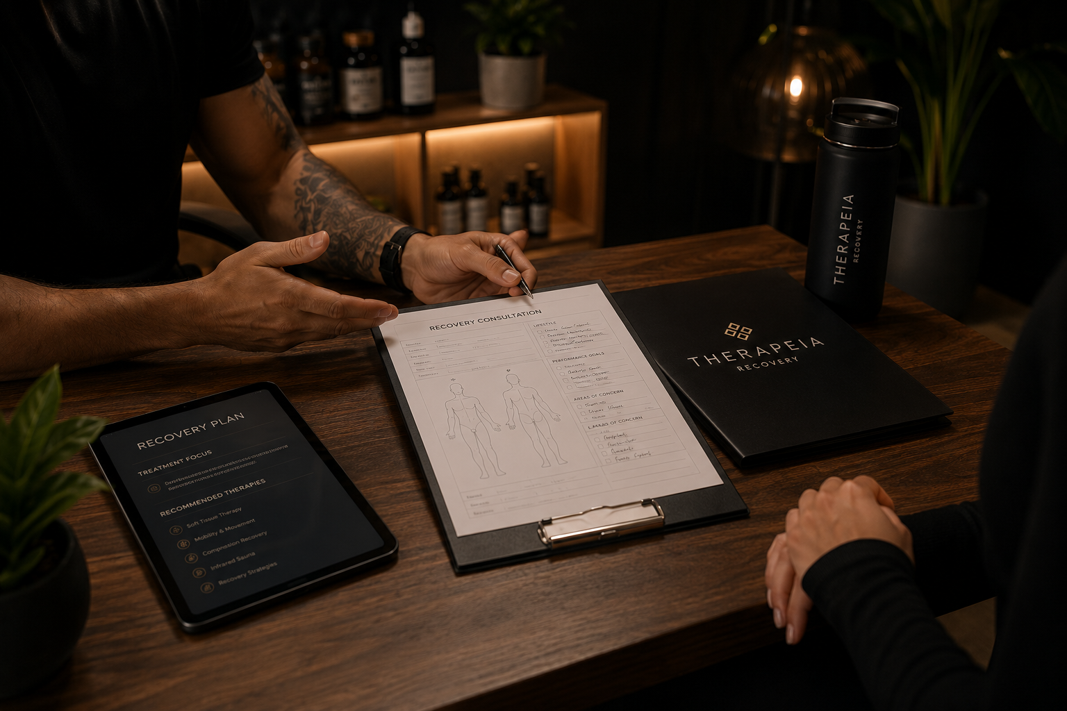 A person at a wooden desk reviewing a recovery consultation form with diagrams of the human body, surrounded by therapy-related materials including a tablet displaying a recovery plan, a black bottle labeled 'Therapea Recovery', and a black folder with the same logo.