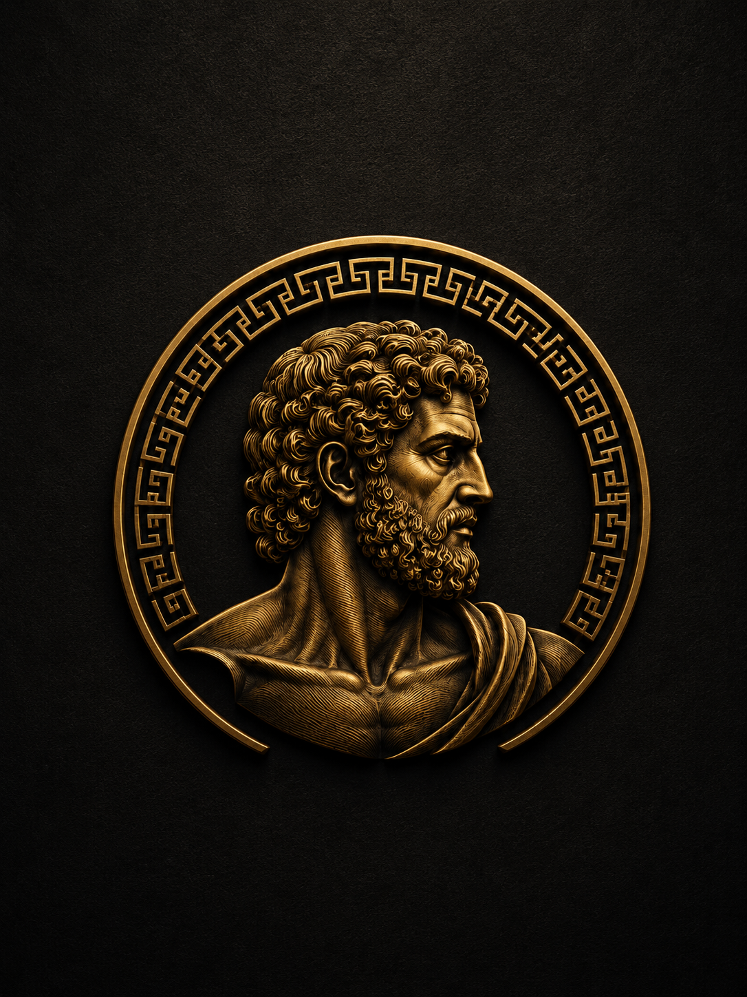 A golden embossed profile of a bearded man with curly hair, set against a black background, within a circular decorative border.