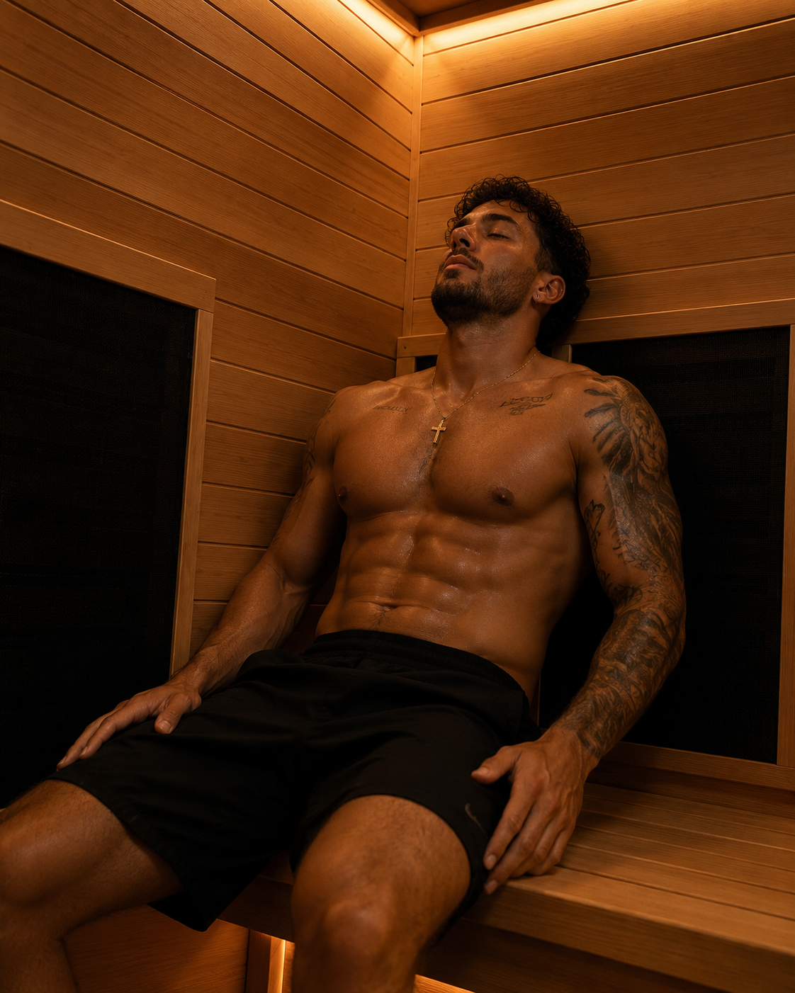 A shirtless man with tattoos and a cross necklace relaxing in a wooden sauna, leaning back against the wall with eyes closed.