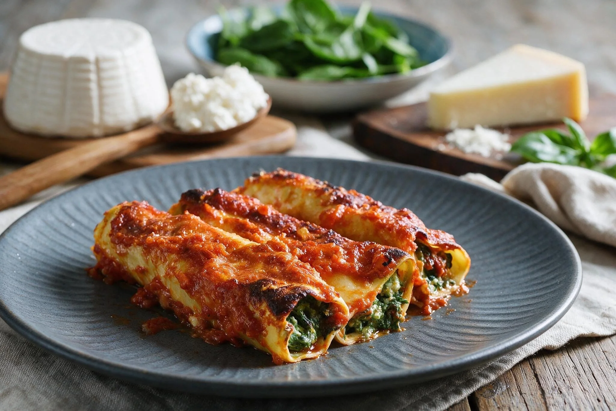 Lasagna on a dark plate with a green vegetable and cheese in the background.